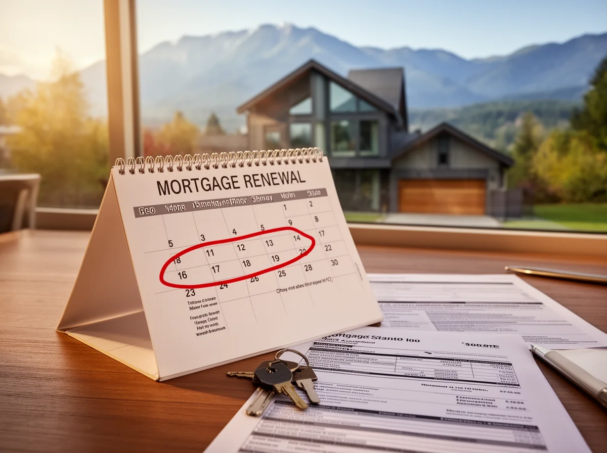A desk calendar marked for mortgage renewal, with keys and documents placed on a table, and a house visible through the window.