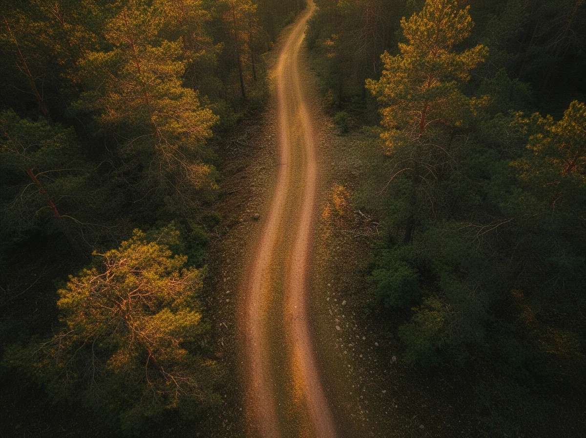 A dirt road runs through a dense forest, illuminated by soft, golden sunlight from above.