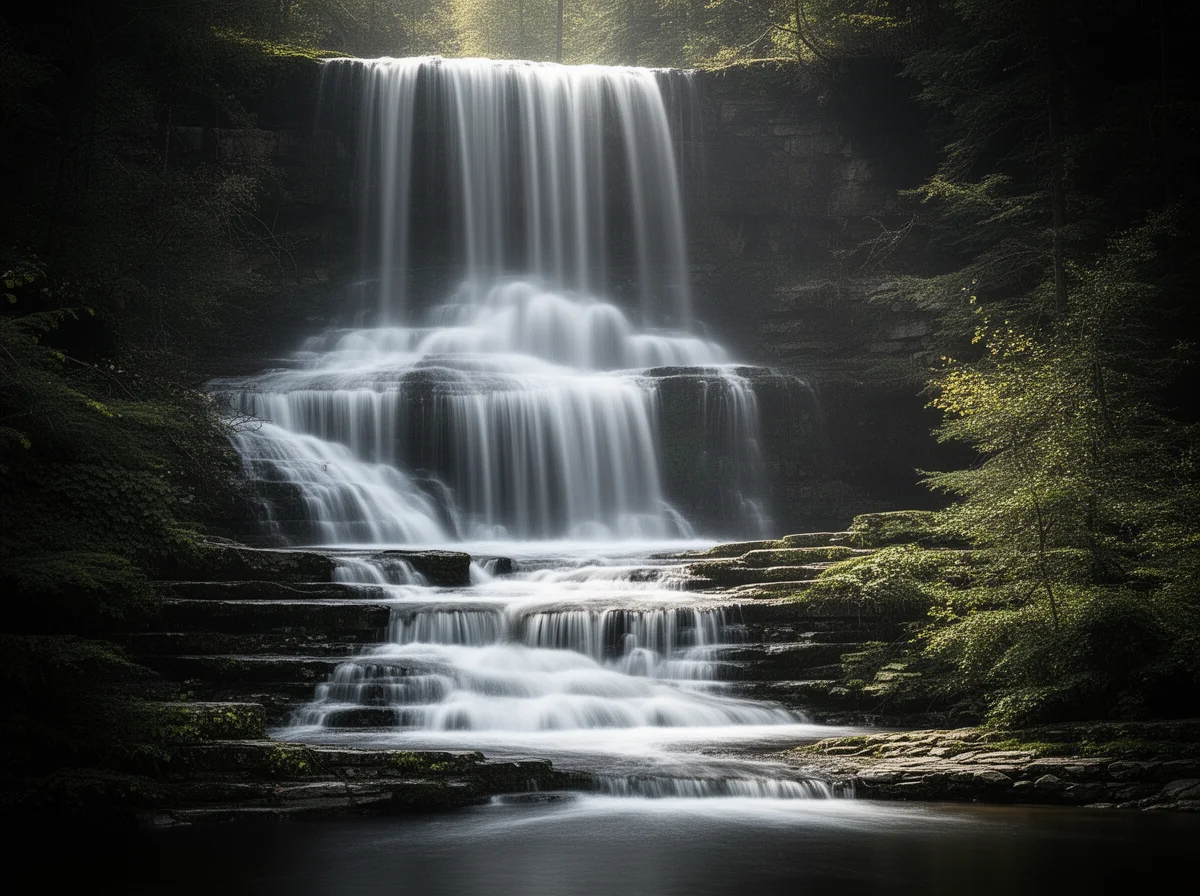 A multi-tiered waterfall flows over rocks in a forest, with sunlight filtering through trees and mist rising above the water.