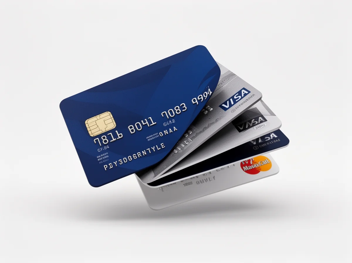 A stack of five credit and debit cards, including Visa and Mastercard, is shown floating against a plain white background.