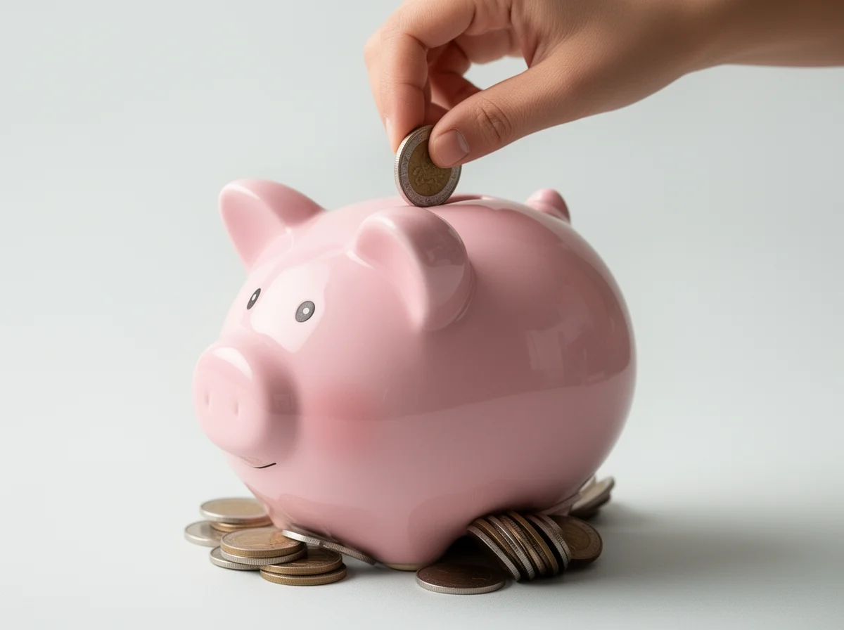 A hand places a coin into a pink piggy bank, with several coins scattered around its base on a light gray surface.