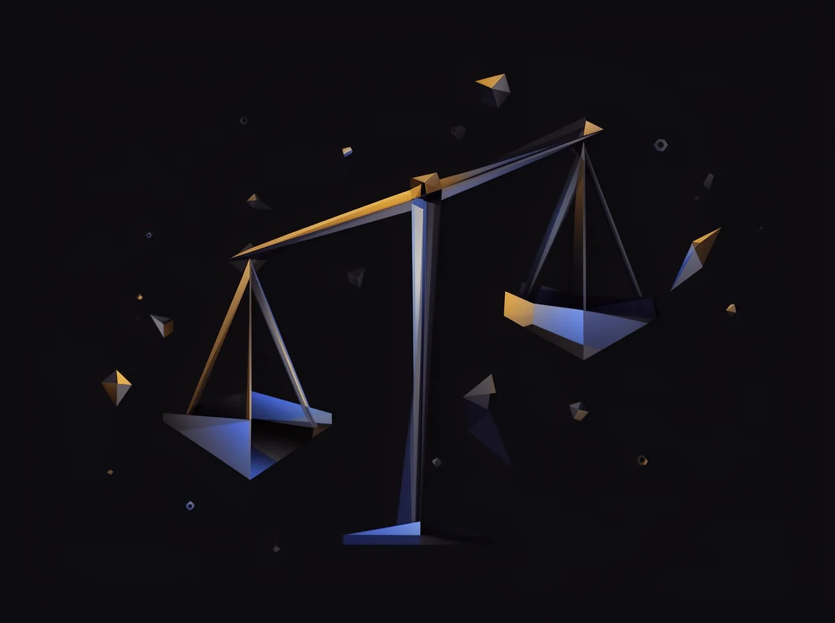 A stylized, geometric illustration of an unbalanced scale set against a dark background with scattered polygonal shapes.