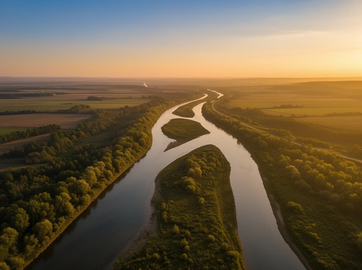 A winding river splits around a small island, bordered by green fields and trees, under a clear sky at sunset.