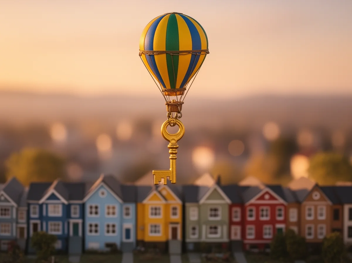 A toy hot air balloon carrying a golden key floats above a row of colorful houses with a blurred background.