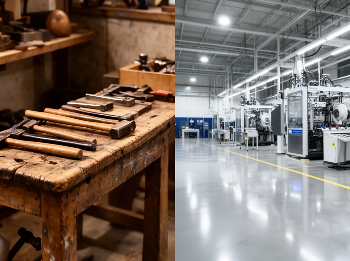 A wooden workbench with hand tools on the left, and a modern, brightly lit factory floor with industrial machines on the right.