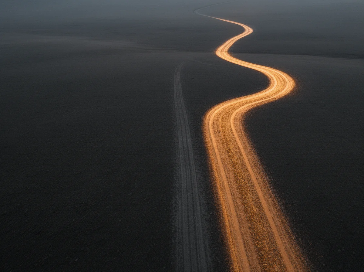 A winding trail of yellow light curves across a dark, barren landscape, with faint parallel tire tracks visible beside it.
