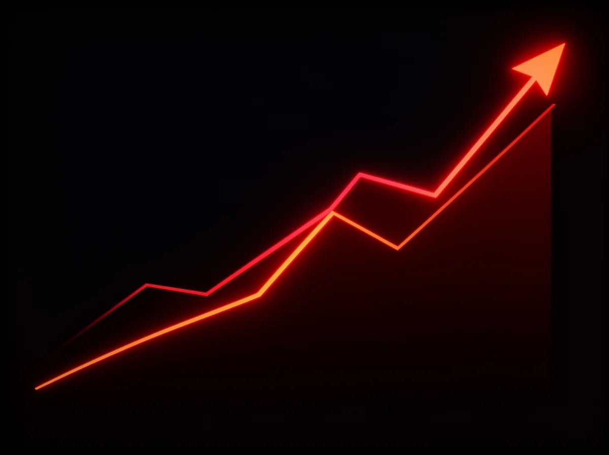 A glowing red line graph on a black background shows an upward trend, ending with a sharp arrow pointing up and to the right.