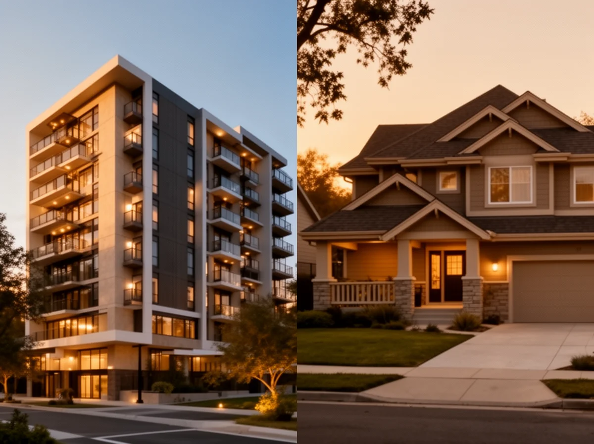 A modern apartment building stands on the left, and a two-story suburban house with a porch is on the right, both pictured at sunset.