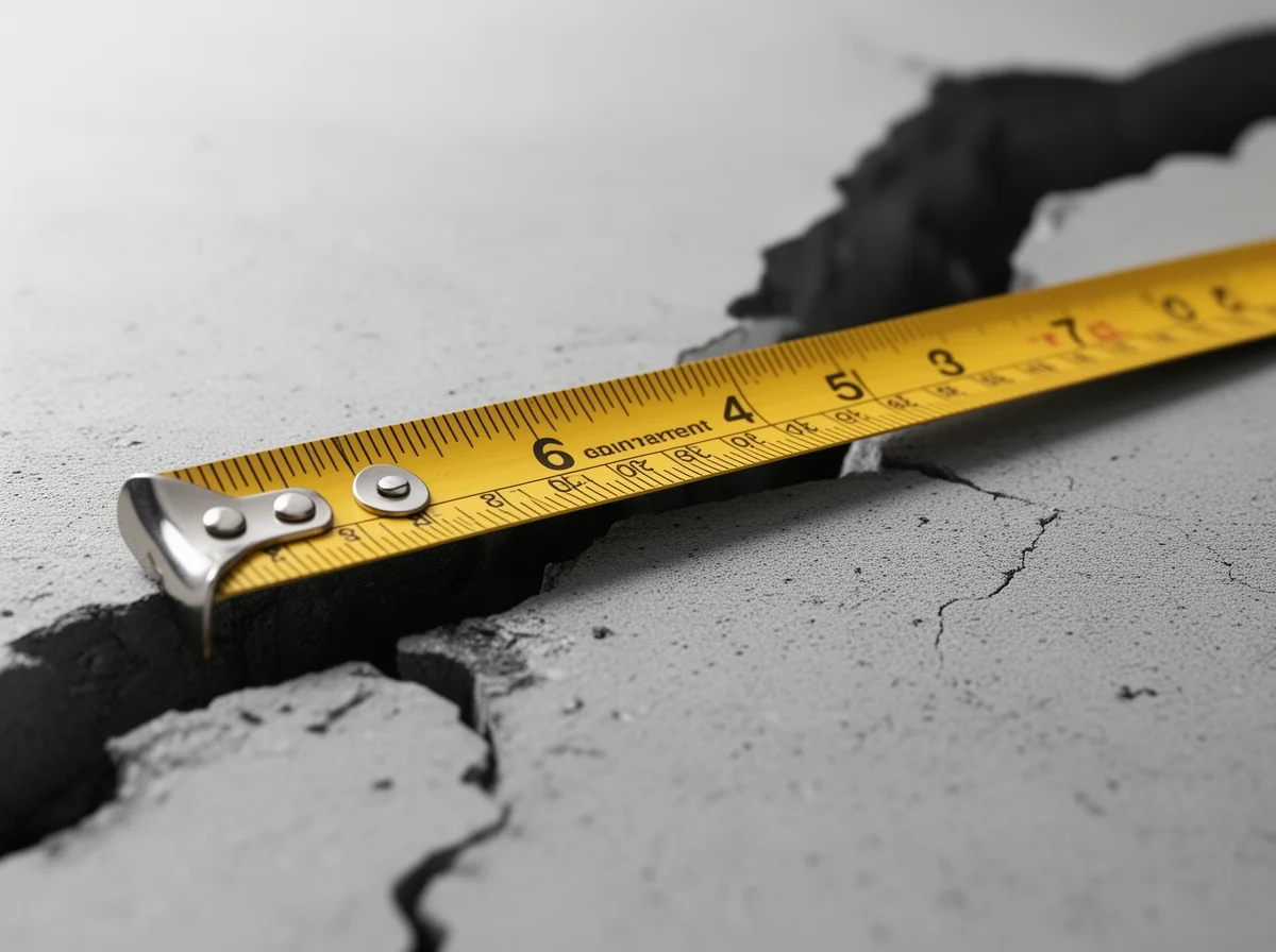 A yellow tape measure is placed across a large crack in a concrete surface.
