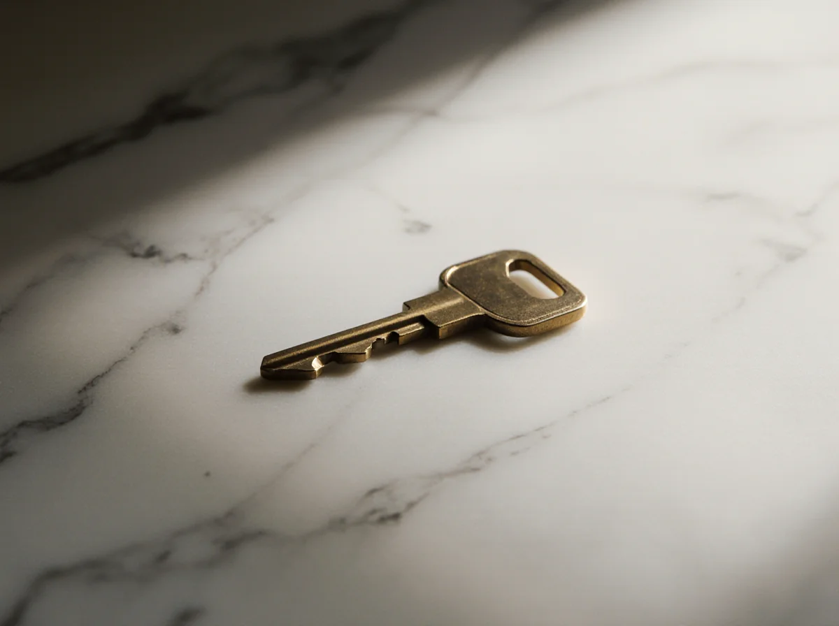 A brass key lies on a white marble surface, illuminated by soft, angled light.