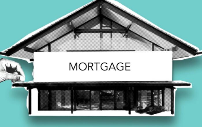 A black and white illustration of a house labeled "MORTGAGE" on a teal background, with a hand pointing toward the house from the left.