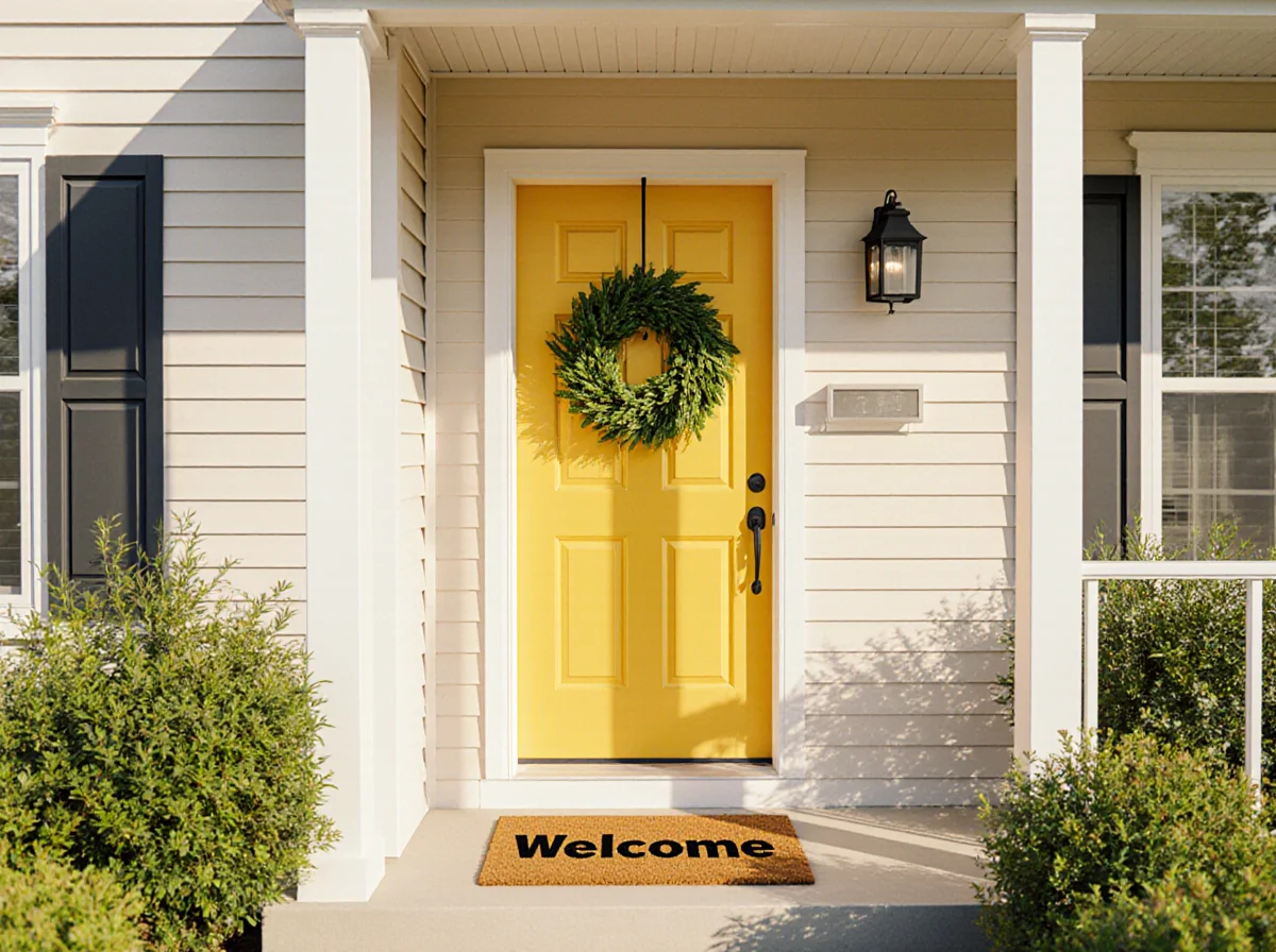 Front porch with a yellow door, a green wreath, a black lantern, beige siding, and a doormat that says “Welcome.” Bushes and white pillars frame the entrance.