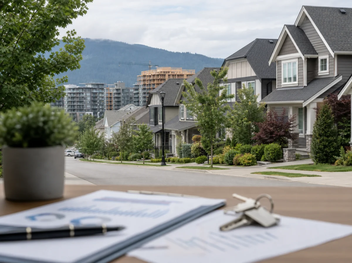 A suburban street with modern houses, trees, and a distant construction site, viewed from a table with documents, a potted plant, and house keys in the foreground. A suburban street with modern houses, trees, and a distant construction site, viewed from a table with documents, a potted plant, and house keys in the foreground.