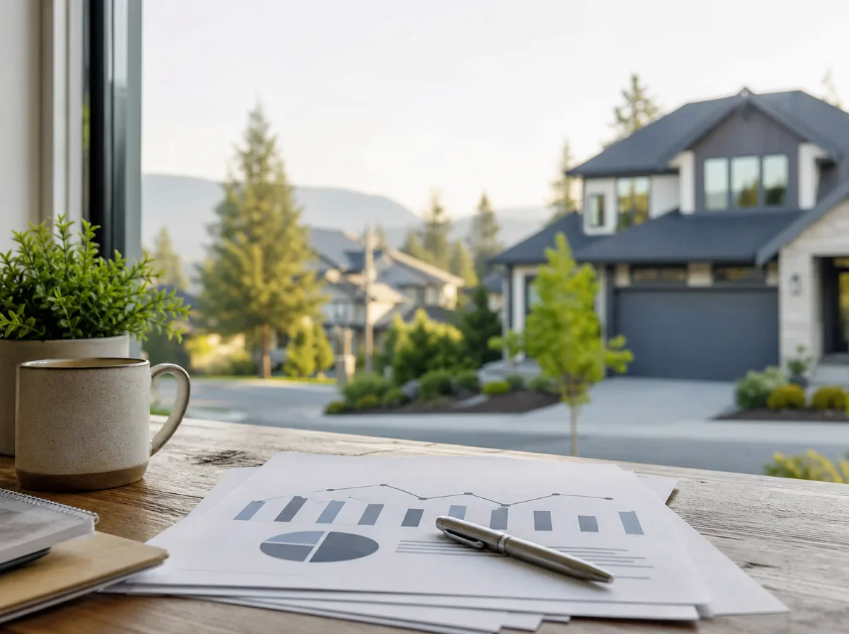 A pen and financial charts sit on a desk by a window overlooking a residential street with modern houses, trees, and distant hills on a sunny day.