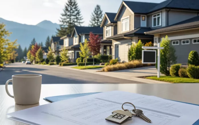 A set of house keys, documents, and a coffee mug on a table outside, with a suburban neighborhood of modern homes in the background.