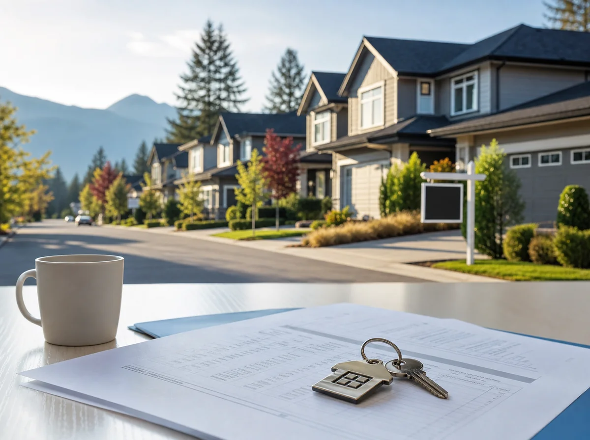 A set of house keys, documents, and a coffee mug on a table outside, with a suburban neighborhood of modern homes in the background.