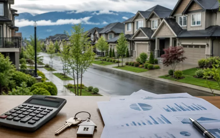 Calculator, house keys, and financial charts are on a desk by a window overlooking a suburban neighborhood with wet streets and modern houses on a cloudy day.