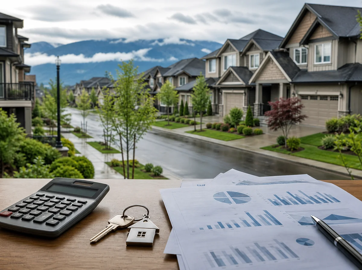 Calculator, house keys, and financial charts are on a desk by a window overlooking a suburban neighborhood with wet streets and modern houses on a cloudy day. Calculator, house keys, and financial charts are on a desk by a window overlooking a suburban neighborhood with wet streets and modern houses on a cloudy day.