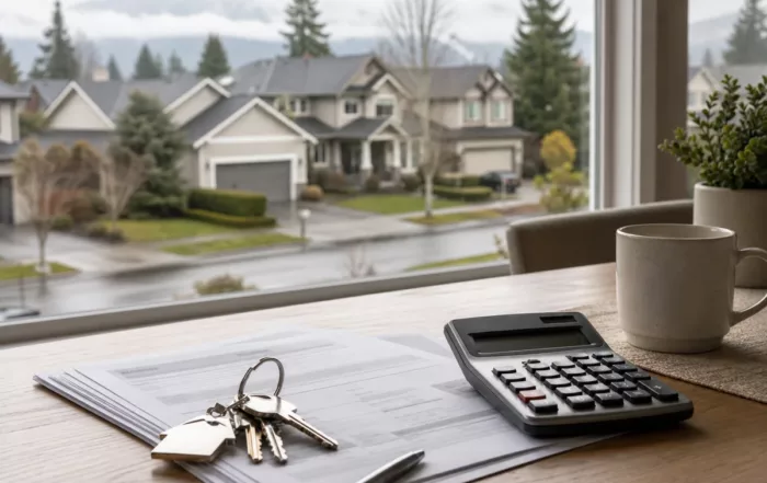 A calculator, house keys, pen, and documents on a table by a window, overlooking a suburban neighborhood with houses and trees outside.