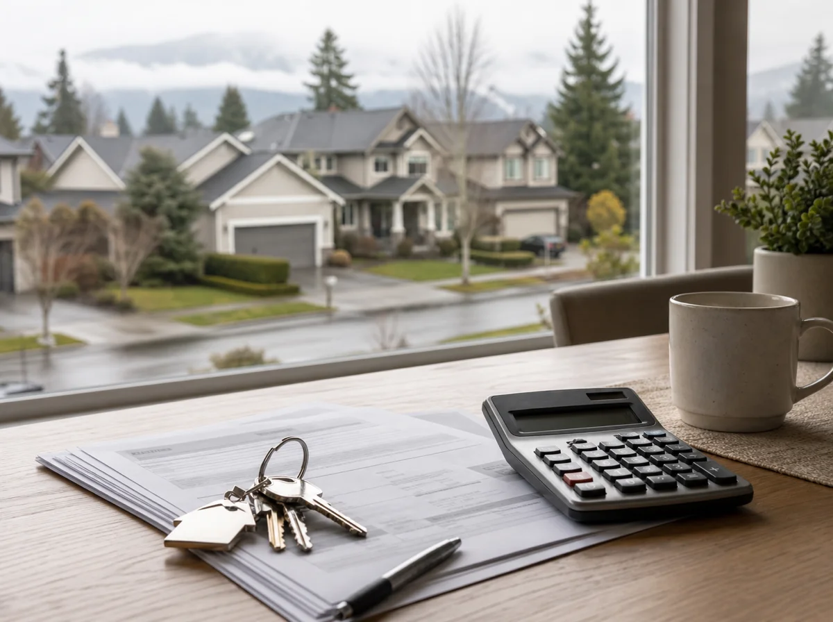 A calculator, house keys, pen, and documents on a table by a window, overlooking a suburban neighborhood with houses and trees outside.