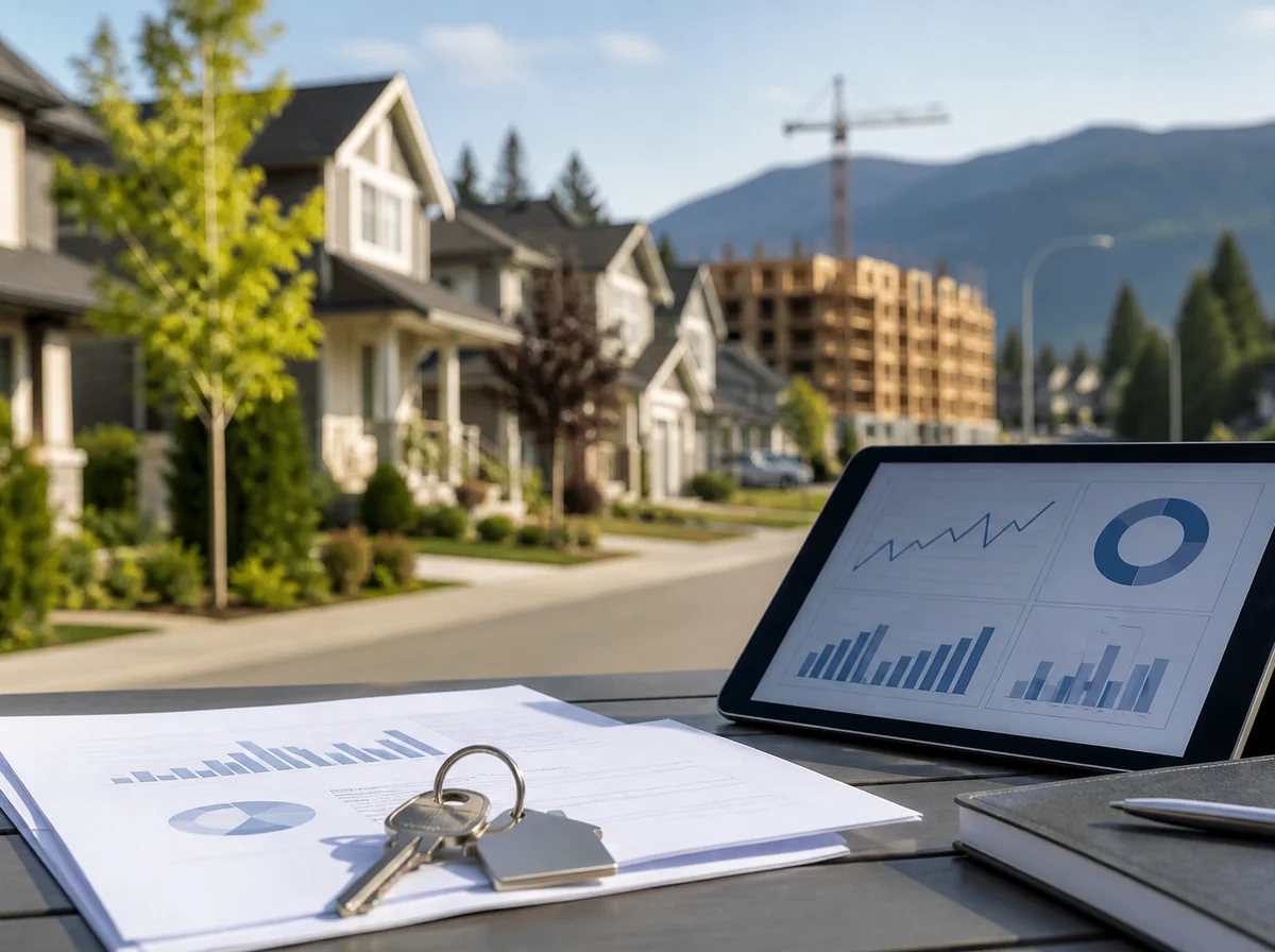 Keys, charts, and a tablet with graphs on a table outside, with residential houses and a building under construction in the background.