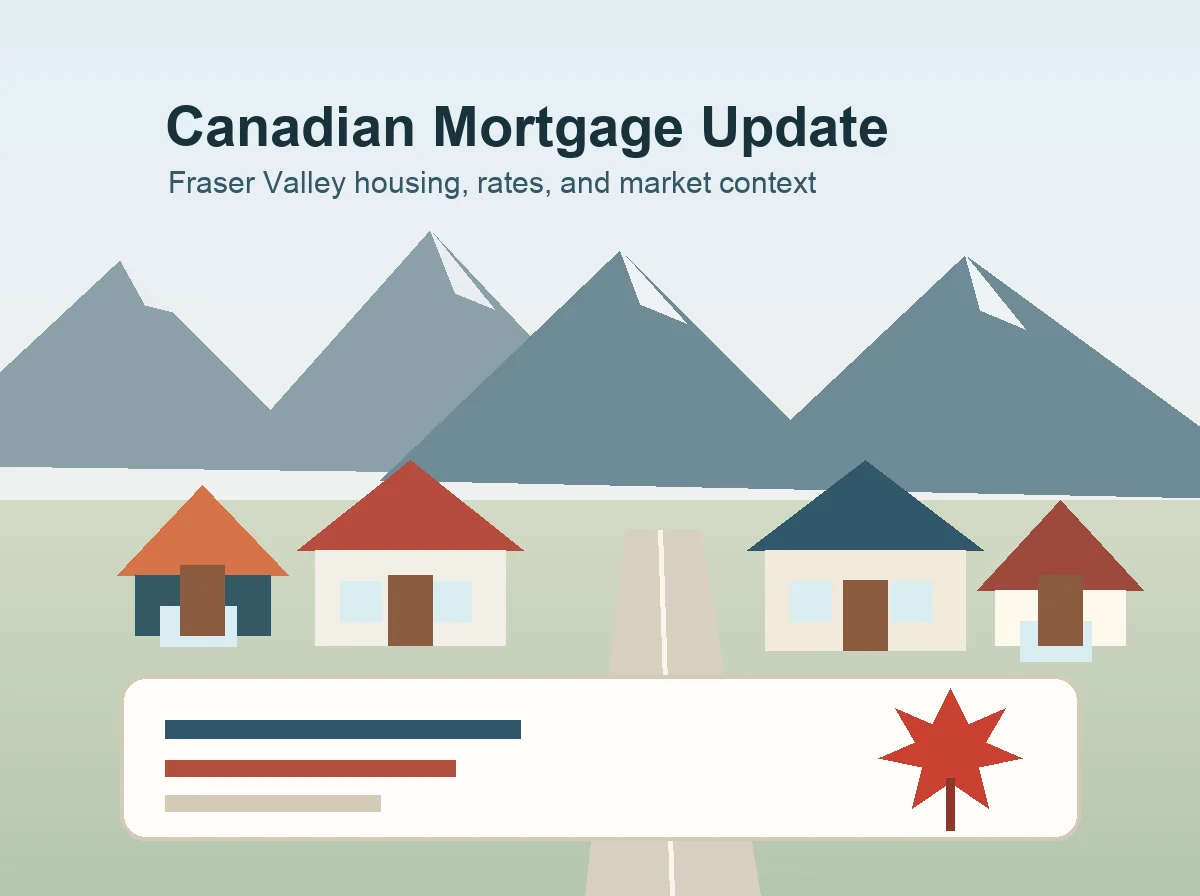 Illustration of houses and mountains with text “Canadian Mortgage Update: Fraser Valley housing, rates, and market context” and a chart featuring a red star symbol.